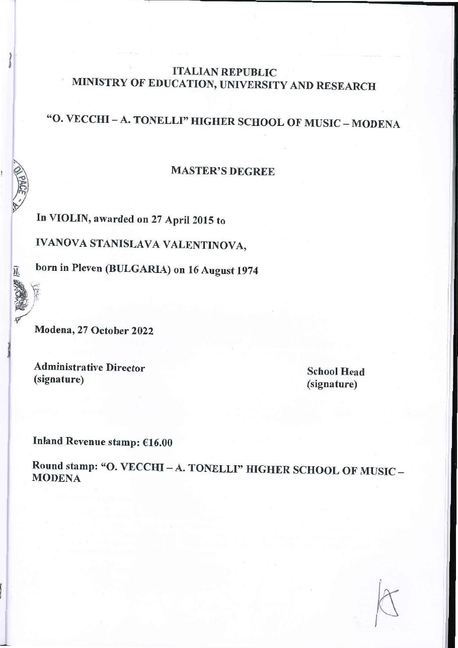Sworn English translation of the violin master's degree