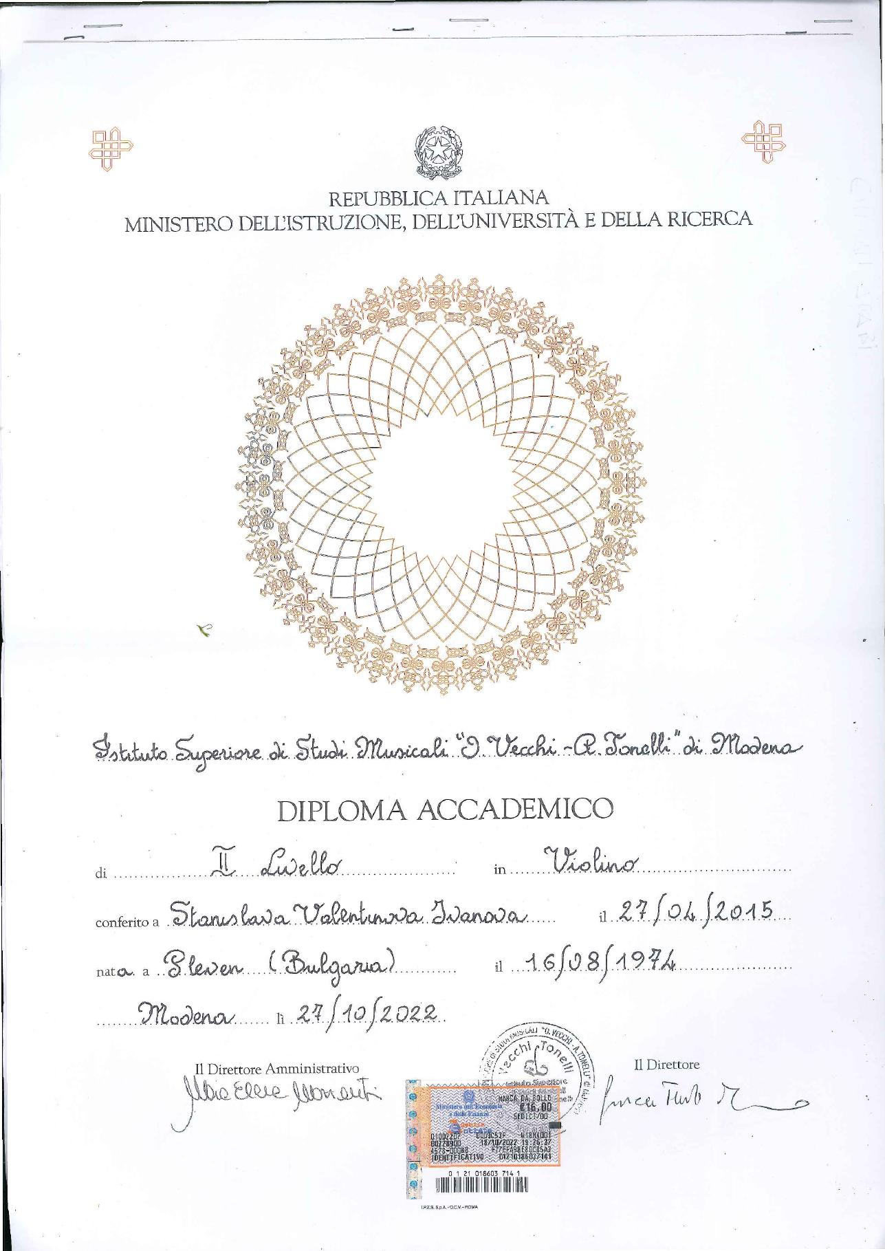 Italian academic diploma in violin, second level