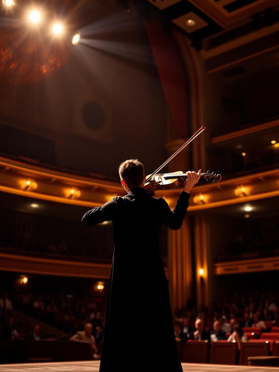 Violin soloist on a concert hall stage