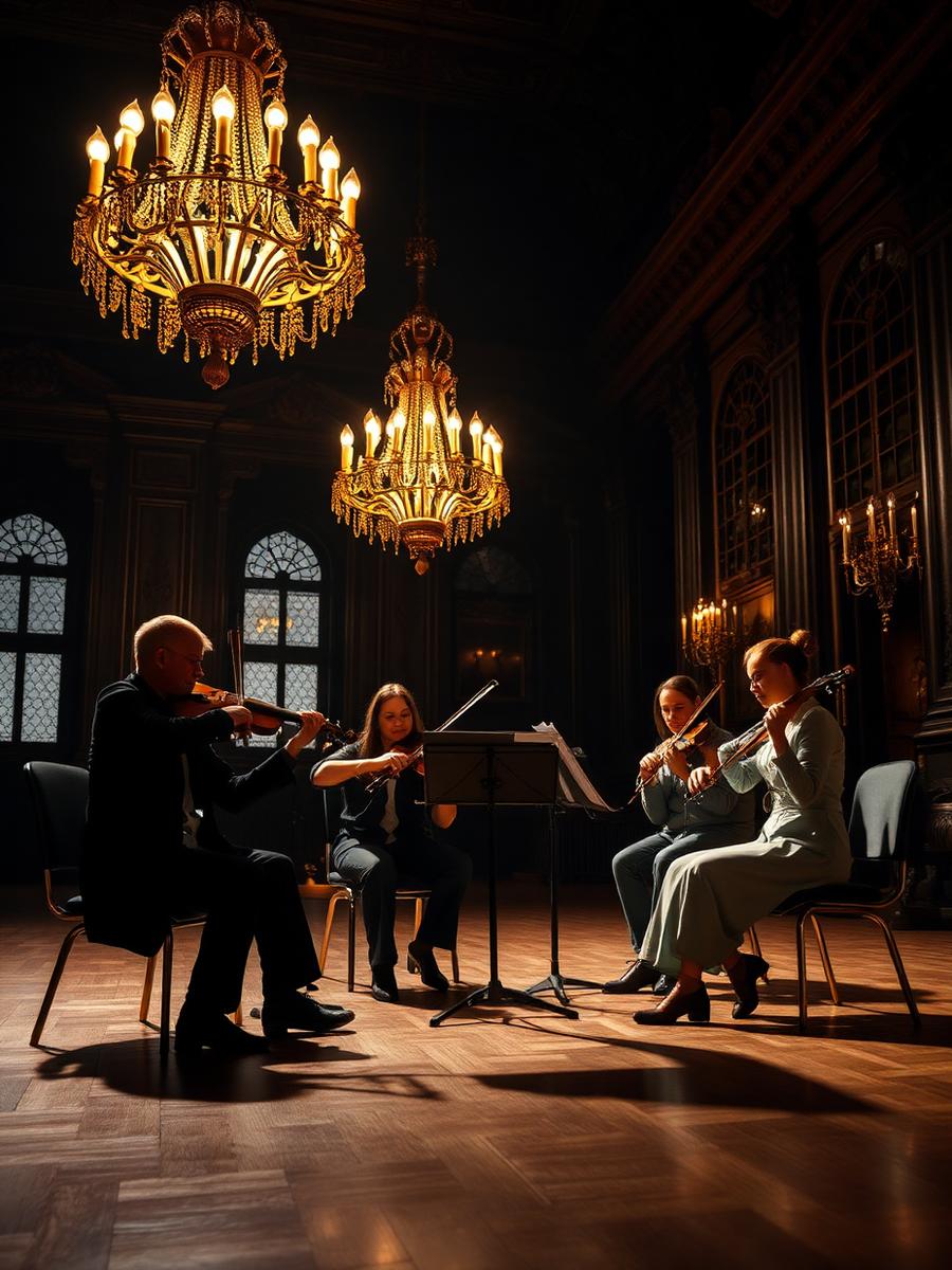 String quartet performing under chandeliers