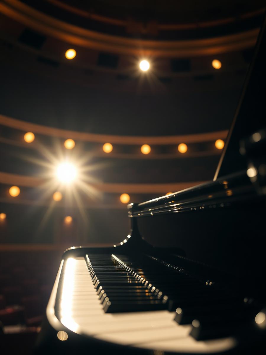 Grand piano lit by golden stage lights